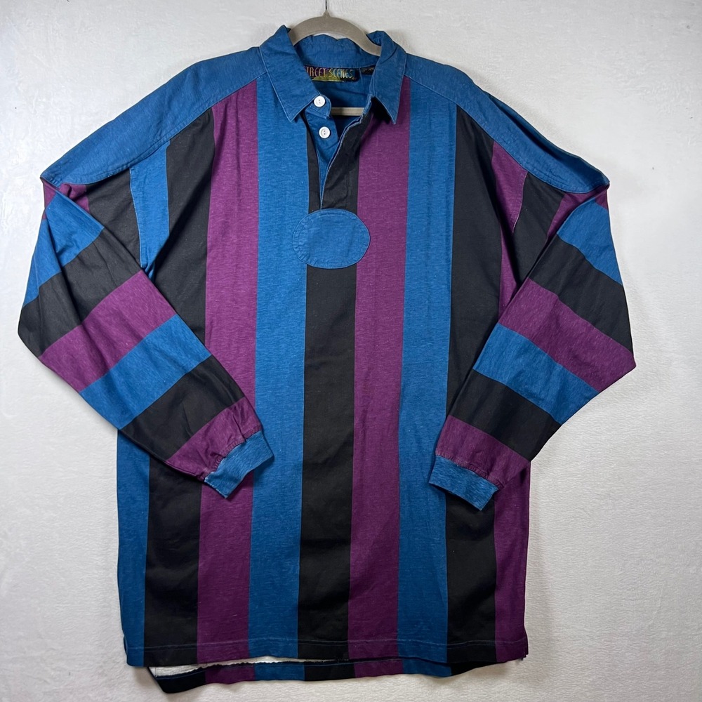 Vintage Street Scenes Mens XLXT Rugby Striped Long Sleeve Blue Purple Cotton